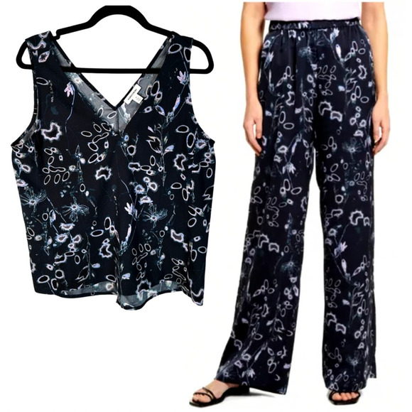 NEW! Nordstrom XS Flowy 2-Piece Matching Foral Top Wide Leg Pants Navy Blue - Picture 1 of 14